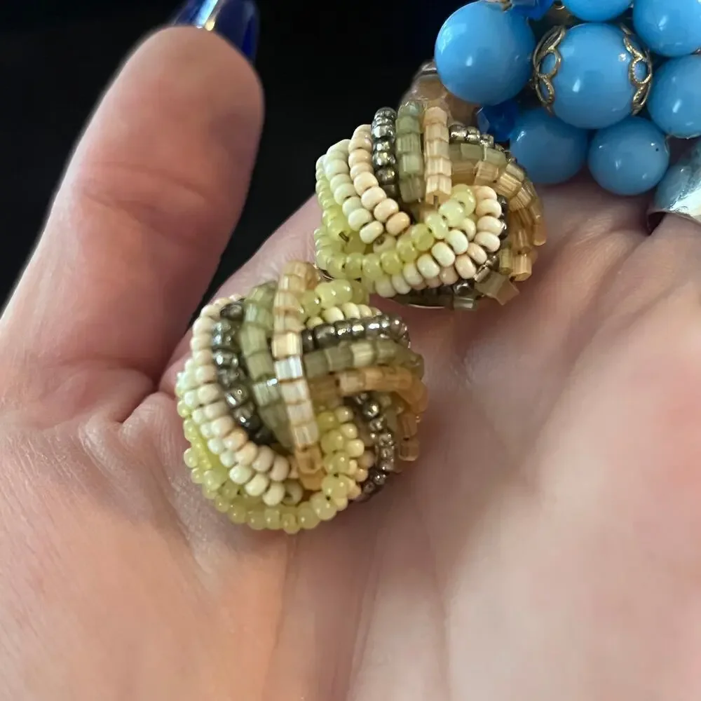 Pair of vintage and beaded clip on earrings blue cream, and gold